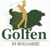 Logo Golfen in Bulgarije met gouden en donkergroene accenten, een golfer silhouet en de contouren van Bulgarije.